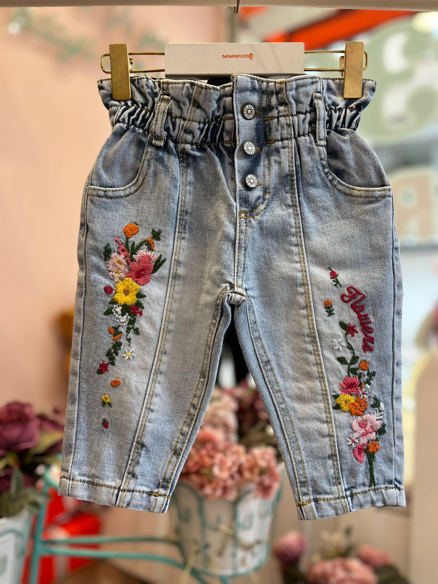 Flowers Nakışlı Beli Büzgülü Jean Açık Mavi